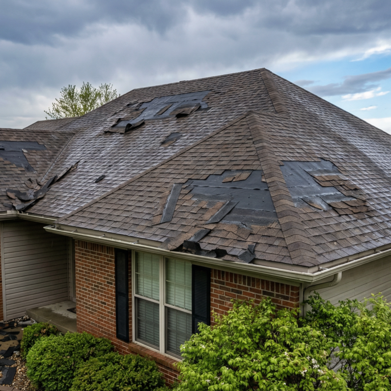 Storm-damaged roof on a Springfield, Missouri home showing missing shingles, hail damage, granule loss, and exposed roofing felt after a severe weather event