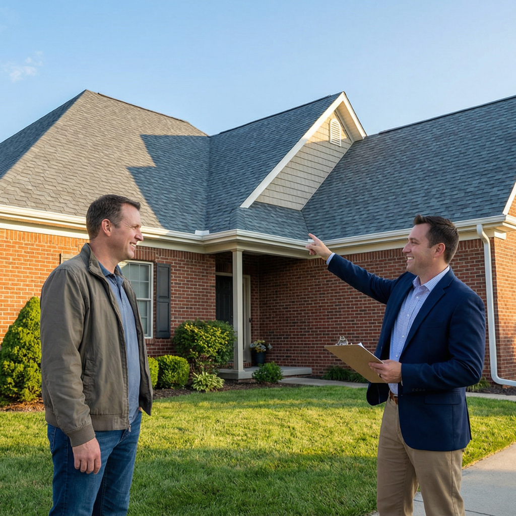 Roof insurance agent and homeowner reviewing roof coverage on the front lawn of a well-maintained suburban house with architectural shingles under a clear blue sky.