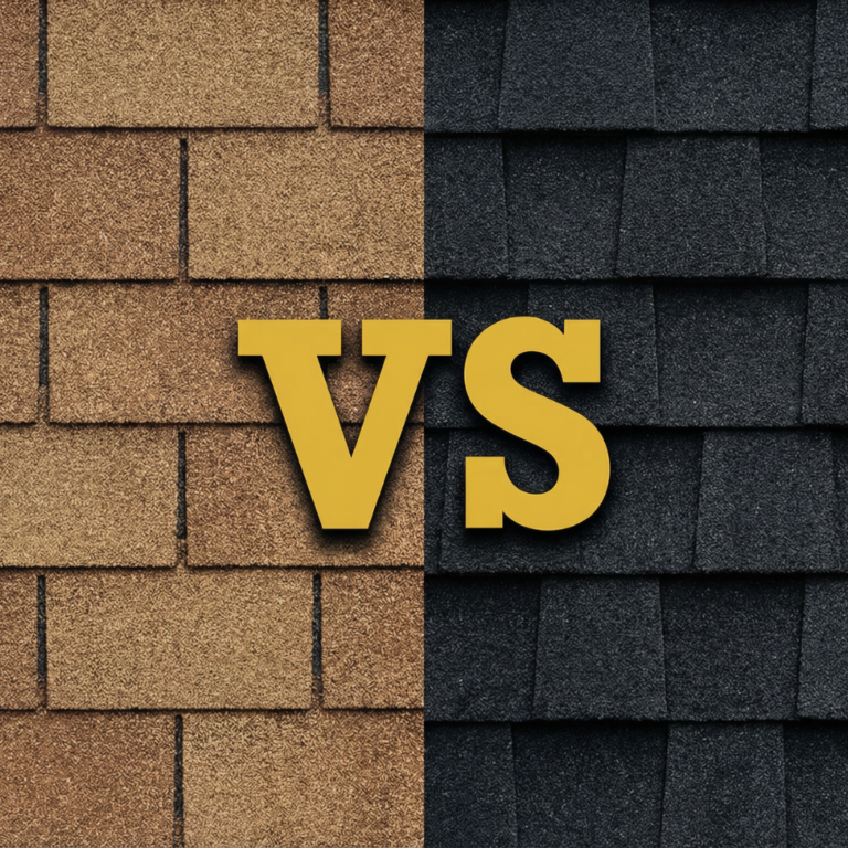"Split-screen comparison image showing brown 3-tab asphalt shingles on the left with their flat uniform tab pattern versus charcoal dimensional architectural asphalt shingles on the right with a thick layered texture, separated by a bold yellow 'VS' graphic — illustrating the visual and structural differences between the two most common residential roofing shingle types."