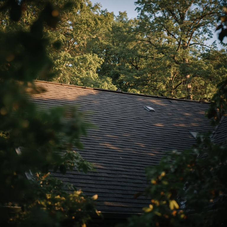 Dark asphalt shingle roof on a residential home, partially framed by surrounding tree branches and green foliage, photographed from a low angle in natural daylight. Being inspected for a roof replacement.