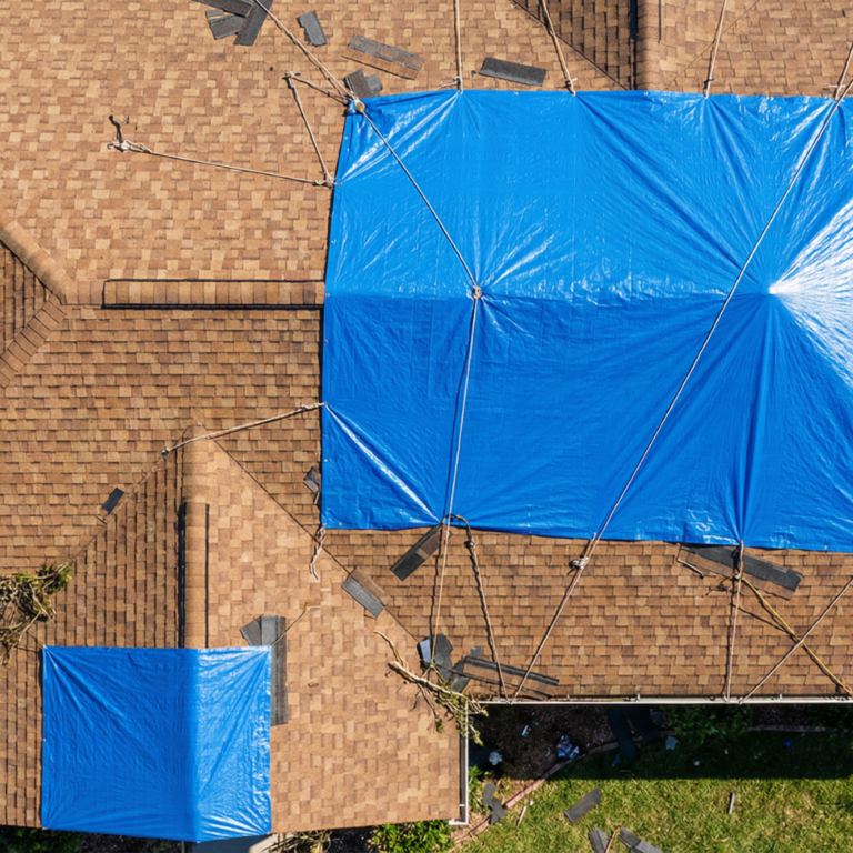 Aerial drone view of a storm-damaged brown shingle roof with large blue emergency tarps tied down over two damaged sections, with scattered shingles and storm debris visible across the roofline. Awaiting roof repair.