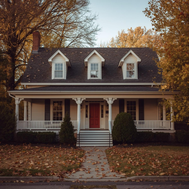 Front view of a traditional Cape Cod-style home with cream siding, three dormer windows, a red front door, wraparound porch with white railings, and a brick chimney, surrounded by autumn foliage and fallen leaves on the walkway.
