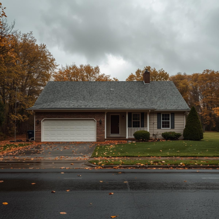 Small single-story ranch home with gray asphalt shingle roof, brick-front garage, cream vinyl siding, and a covered front porch with white railings, viewed from the street on a rainy autumn day with fallen leaves scattered across the wet driveway and lawn under overcast skies. About to be put through a roof repair checklist.