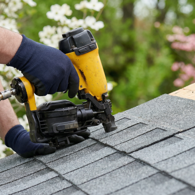 Roofing contractor nailing down gray architectural asphalt shingles with a pneumatic nail gun during a roof repair in Springfield, Missouri.