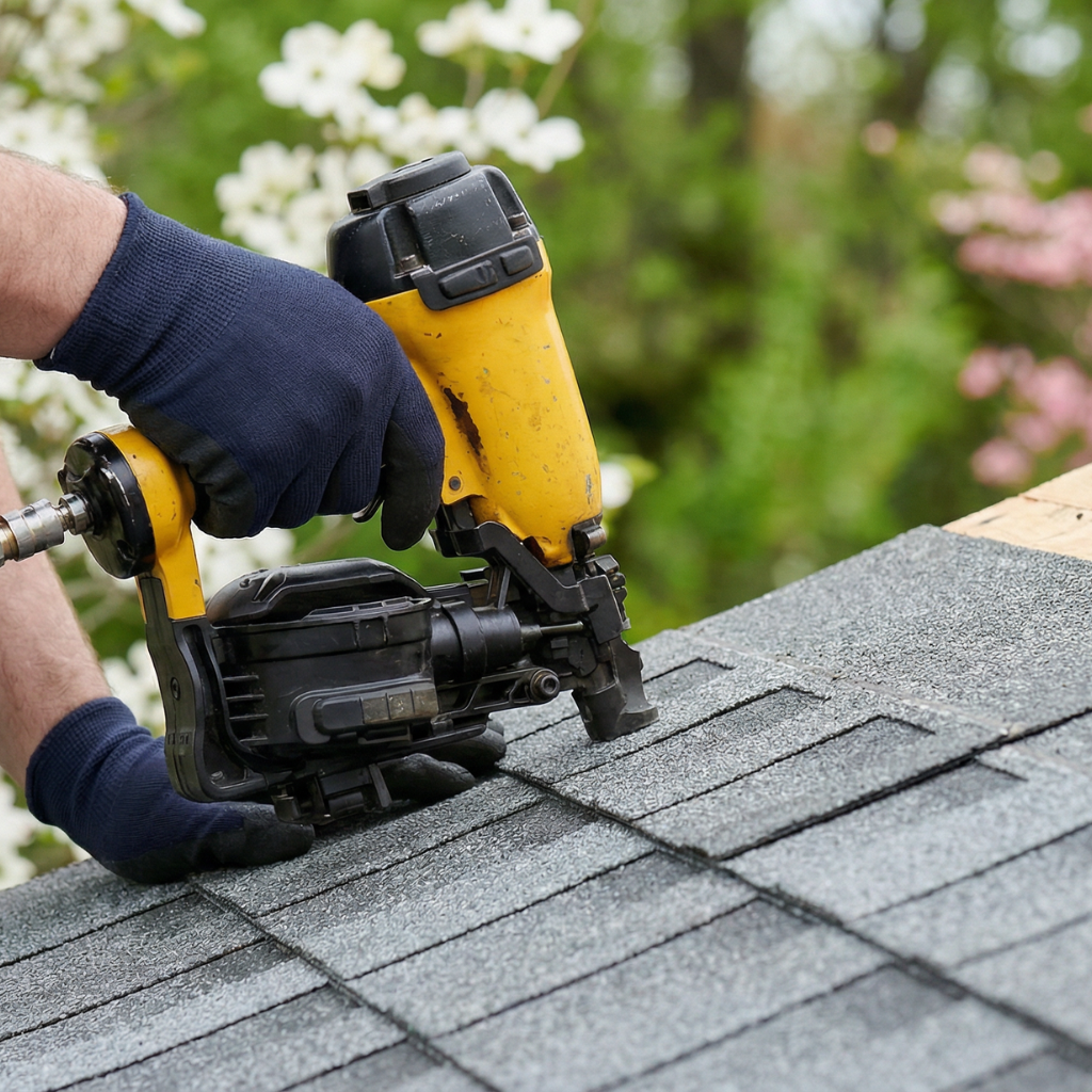 Roofing contractor nailing down gray architectural asphalt shingles with a pneumatic nail gun during a roof repair in springfield, missouri.