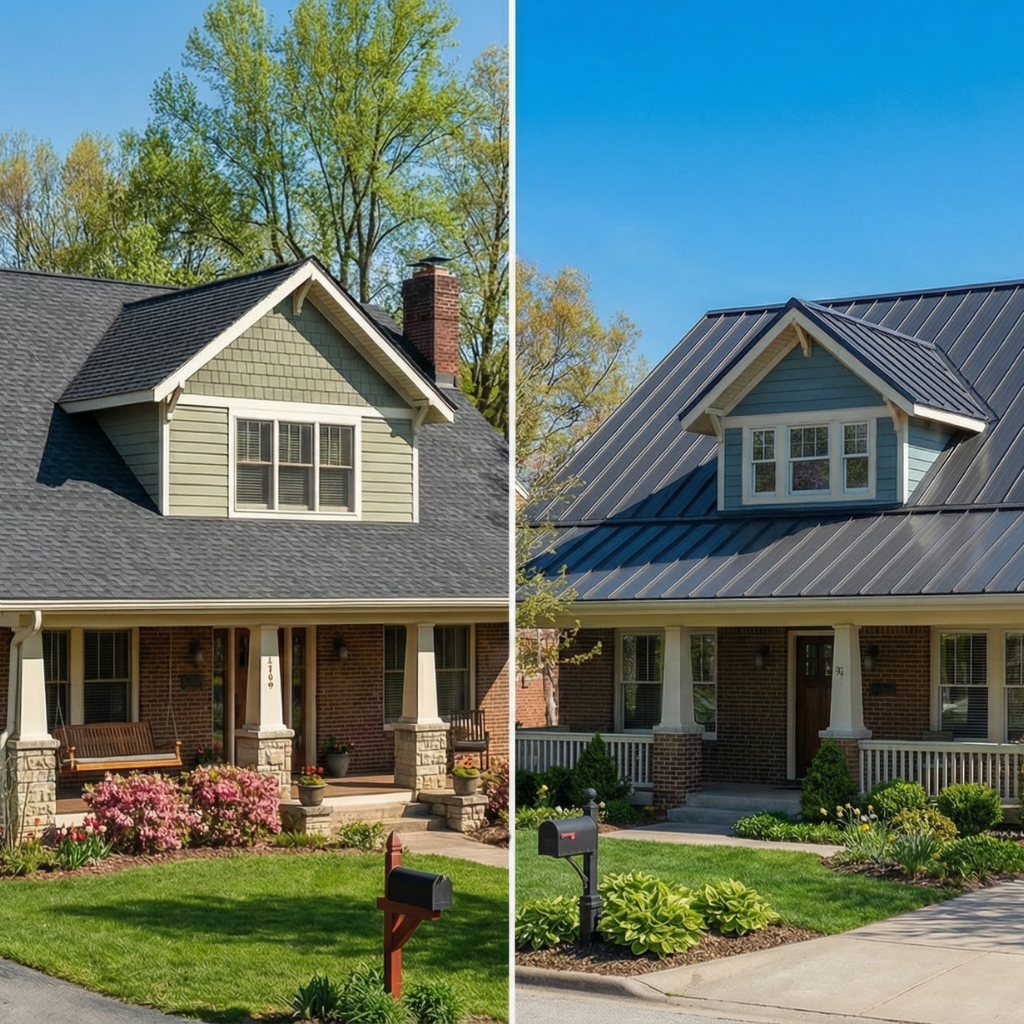 Side-by-side comparison of a home with dark charcoal architectural asphalt shingles and a home with a standing seam metal roof in a springfield, missouri neighborhood.