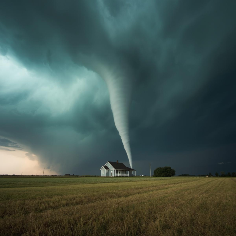 Tornado funnel descending from dark storm clouds toward a small white farmhouse sitting alone in a flat green field, with heavy sky and distant horizon typical of rural Midwest plains.
