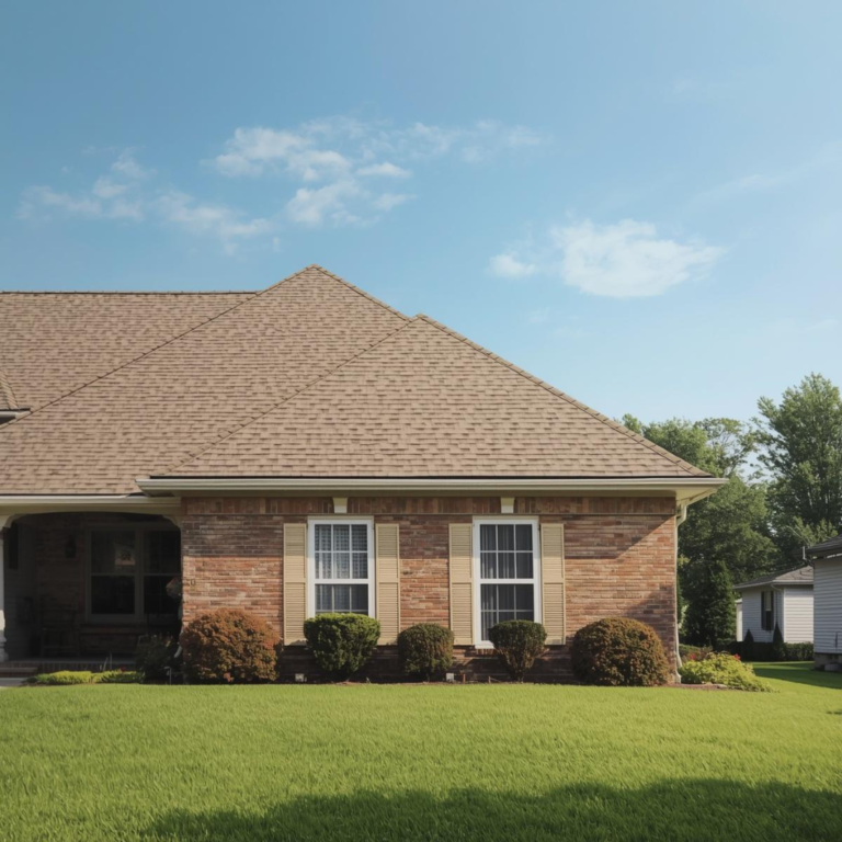 Single-story brick home with tan asphalt shingle roof, shuttered windows, trimmed shrubs along the foundation, and a manicured green lawn under a clear blue sky, with a neighboring house partially visible to the right.