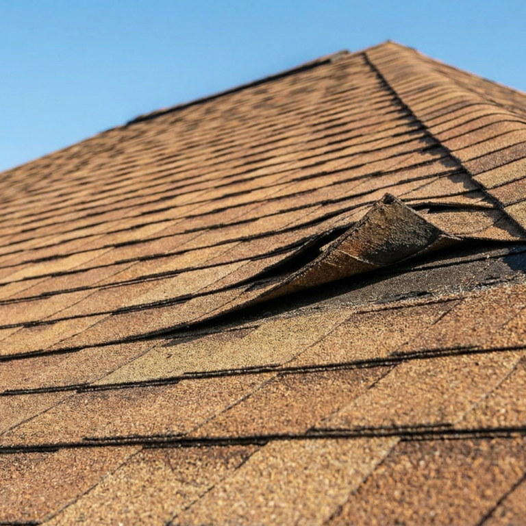 "close-up low-angle photograph of a residential home's warm brown architectural asphalt shingle roof showing a visibly curled and wind-lifted shingle near the roofline, demonstrating common storm and wind damage that requires professional roof repair or replacement.