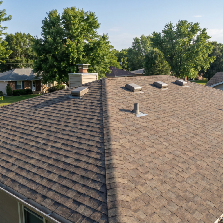 Architectural shingle roof on a Southwest Missouri home with multiple box vents and a ridge vent under a clear blue sky. All places where hail could hit.