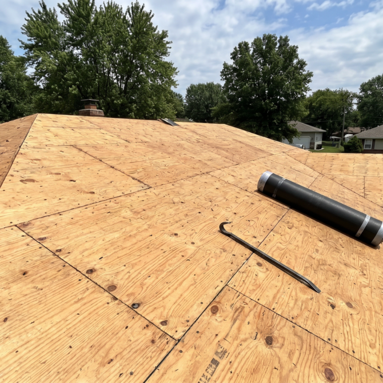 Southwest Missouri home with all shingles removed, showing clean plywood roof decking exposed before new roofing is installed.