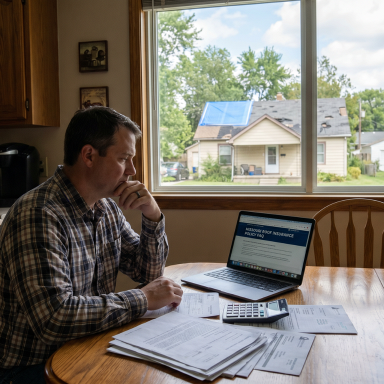 Missouri homeowner weighing whether to file a roof insurance claim, with a neighbor's tarped storm-damaged roof visible through the kitchen window