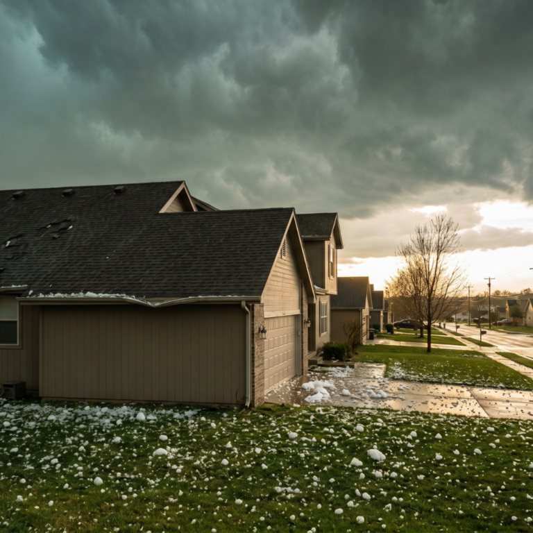Hail damage on an asphalt shingle roof in Springfield Missouri after a spring hailstorm, with hailstones scattered across the lawn
