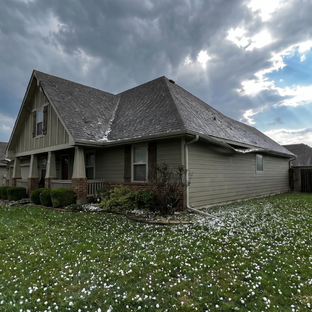 What To Do After Hailstorm Roof Damage In Springfield Mo 1 Severe hail aftermath at a springfield missouri home, with hailstones on the asphalt shingle roof and across the lawn