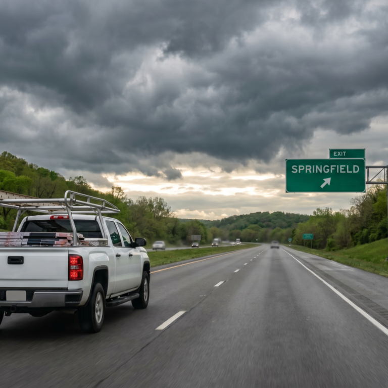A storm chaser in a pickup truck with roofing ladders and equipment drives along a multi-lane highway toward a green sign for Springfield, Missouri, under dark storm clouds and a dim, dramatic sky