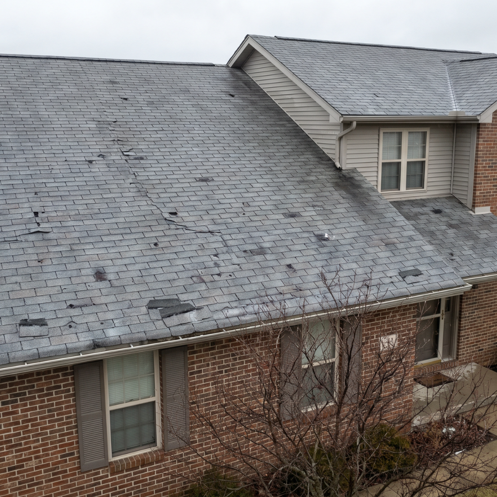How Long Does Roof Replacement Take After Hail Damage? 1 A brick-and-siding suburban home with a gray asphalt shingle roof shows moderate hail damage, including scattered darkened spots and a few cracked or missing shingles, under a cloudy post-storm sky.