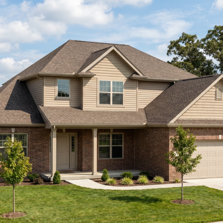 A brick-and-siding suburban home in southwest Missouri with a clean gray shingle roof, two-car garage, small front porch, green lawn, and trees in the background under a bright blue sky with light clouds.