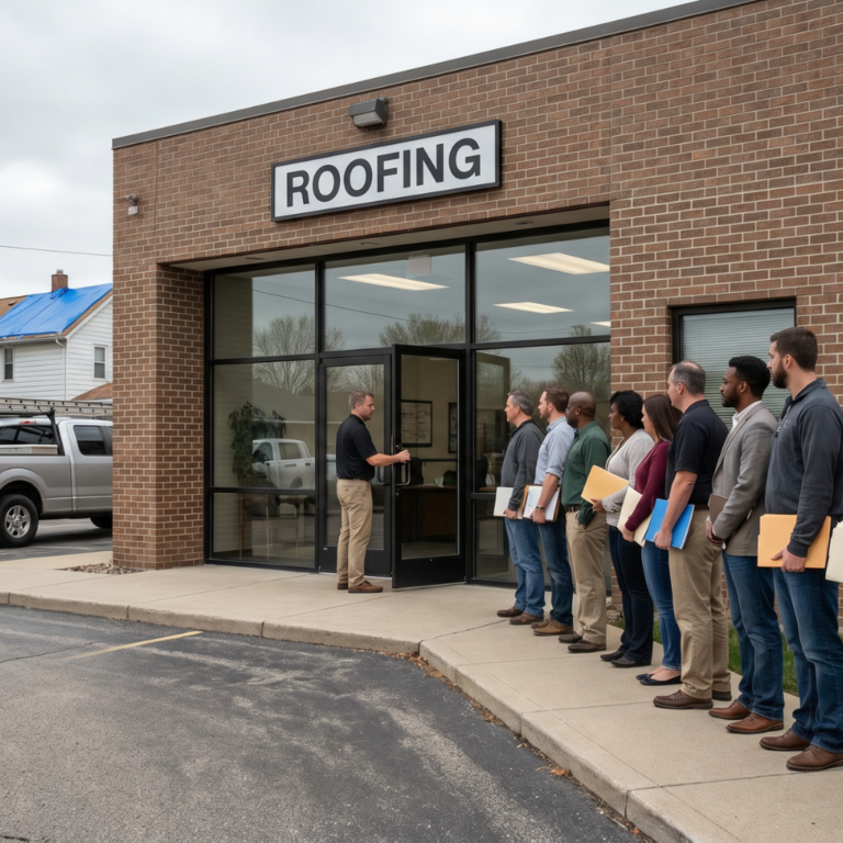 Insurance Claim Assistance 13 Homeowners lined up outside a busy midwestern roofing company office, showing strong demand for roofers after storms.