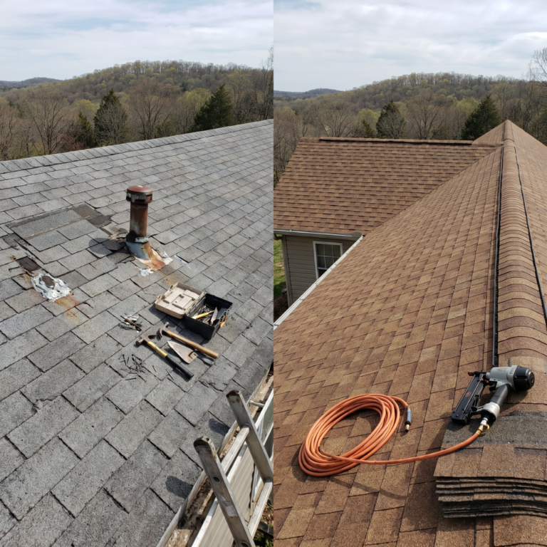 Before and after roof repair: a worn roof with hand tools and damaged vent flashing on the left, a finished new shingle roof with a pneumatic nailer on the right.
