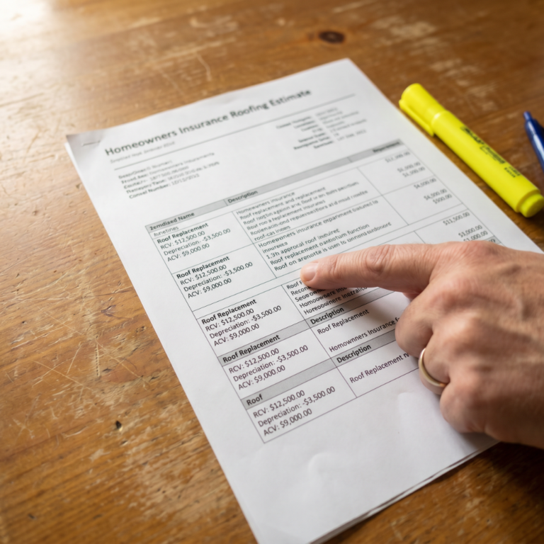 A hand pointing to the RCV, depreciation, and ACV line items on a homeowners roofing insurance estimate, with a highlighter and pen on a wooden table.
