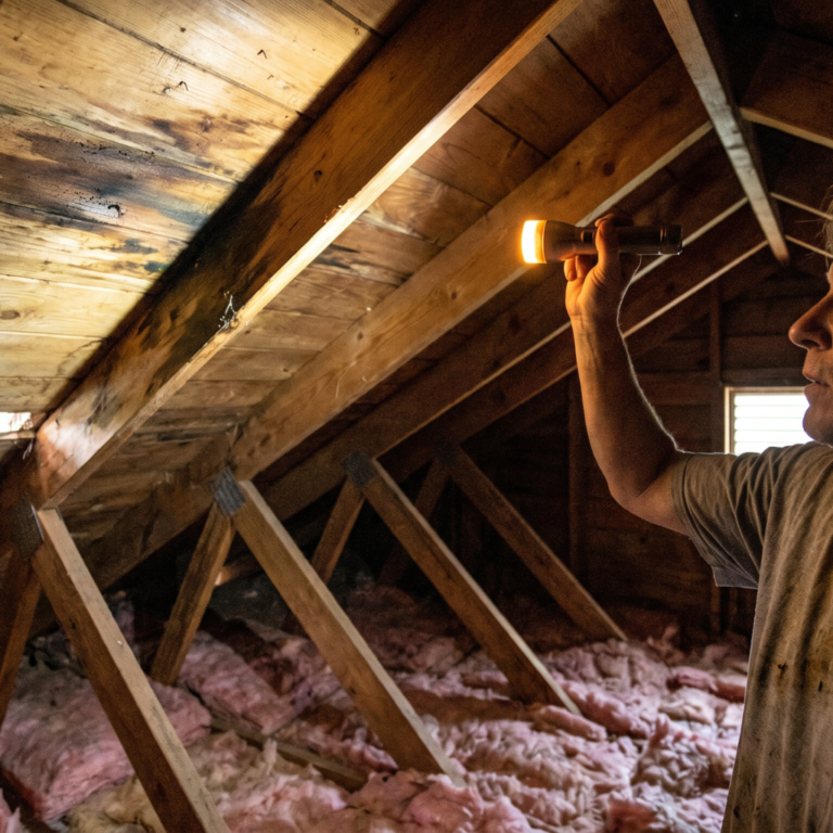 Attic inspection for a roof leak in a Nixa, MO home, a flashlight on water stained roof decking above pink fiberglass insulation