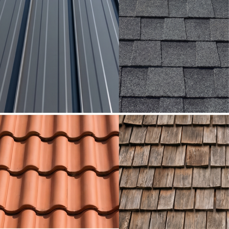 Four roofing materials side by side: standing seam metal, asphalt architectural shingles, clay barrel tile, and weathered wood shake. All with different roof lifespans
