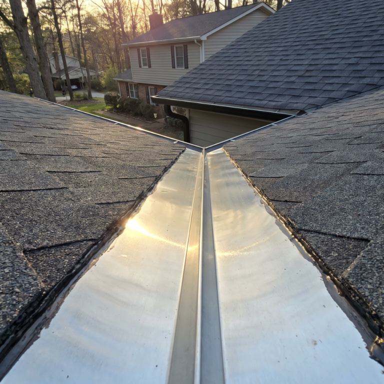 New metal open valley between two asphalt roof slopes on a Strafford, MO home, the flashing that channels water off the roof
