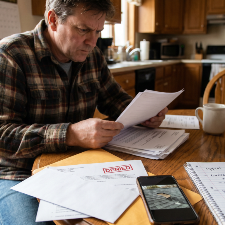 Homeowner at a kitchen table reviewing an insurance letter stamped DENIED, with roof photos on a phone and an appeal notebook
