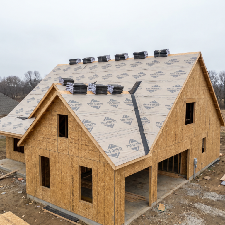A gable roof mid roof replacement, covered in synthetic underlayment with bundles of shingles staged across the deck before installation.
