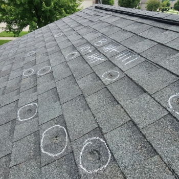 Gray asphalt shingles with white chalk circles marking hail damage impacts during a roof inspection in springfield, missouri, with tally marks documenting hits per square for an insurance claim.